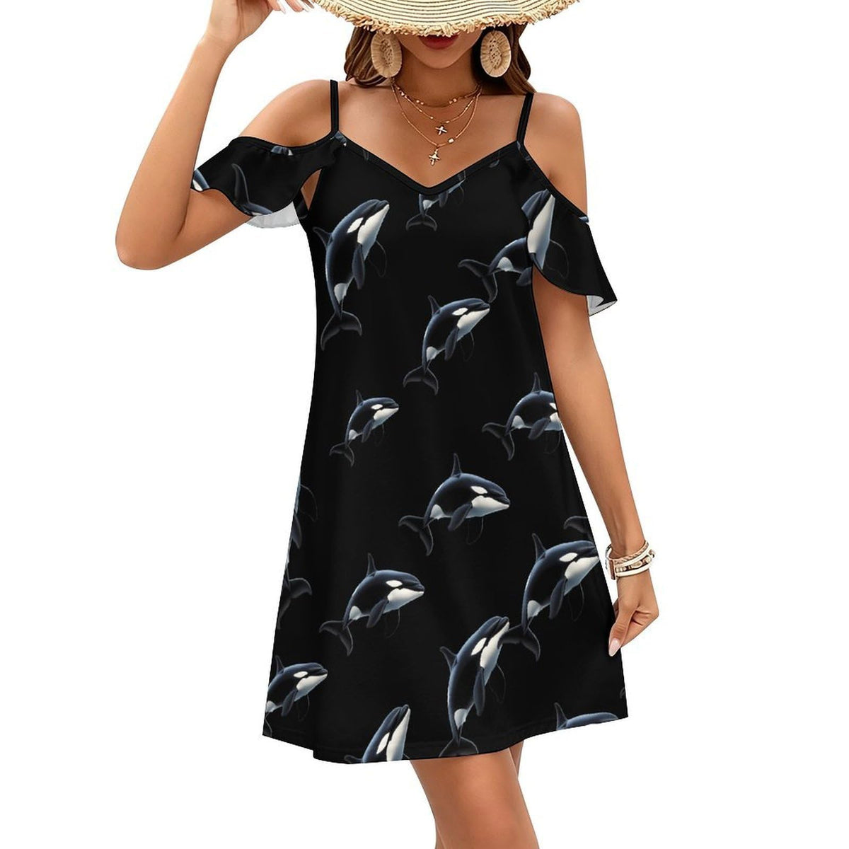 courte à épaules dénudées et manches à volants pour femme, motif orque, style trapèze, idéale pour la plage.